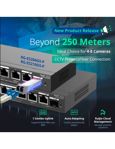 Reyee RG-ES210GS-P REYEE Switch PoE Cloud Managerial - 8 portas Poe + 2 UPLINK RJ45 + 1 SFP COMBO - Velocidade do Porto 10/10