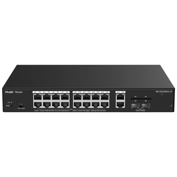 Reyee RG-ES220GS-LP Reyee Switch Poe Cloud Managerable - 16 PoE 802.3AF / AT + 2 SFP + 2 UPLINE RJ45 - 18 RJ45 10/100 / 1000Mbps