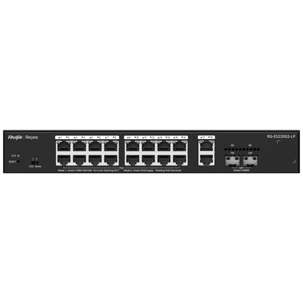 Comprar REYEE RG-ES220GS-LP Reyee Switch PoE Cloud Gestionable - 16 PoE 802.3af/at + 2 SFP + 2 uplink RJ45 - 18 RJ45 10/100/1000