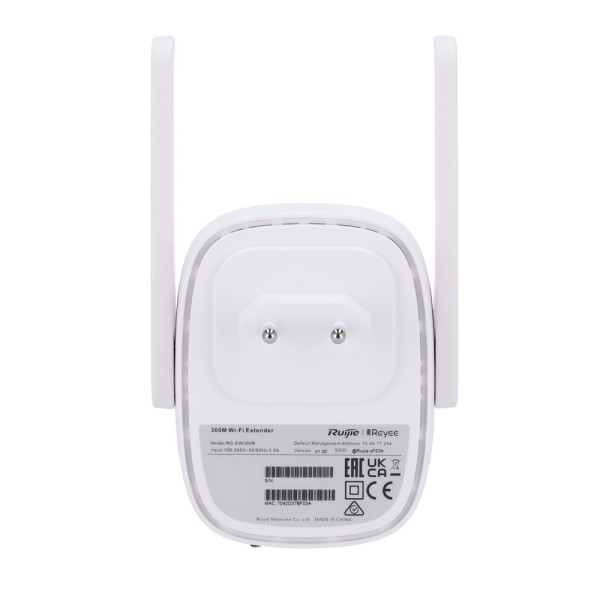Reyee RG-EW300RA Reyee Wi-Fi Extender - 1 RJ45 10 / 100Mbps - Wi-Fi 4 2x2 Banda 2.4GHz - Gestão Remota através da nuvem - 