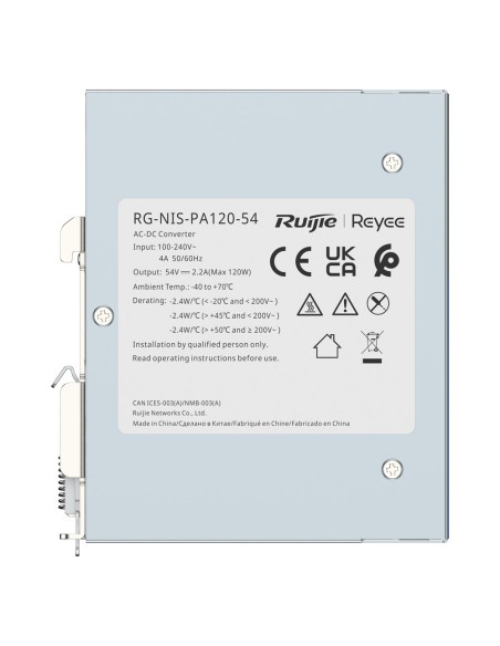 Reyee RG-NIS-PA120-54 Fonte de alimentação industrial Reyee - DC Saída 54 V 2PA / 120 W - 2 Saídas DC - Entrada de Tensão 100
