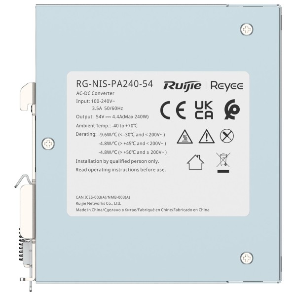 Reyee RG-NIS-PA240-54 Fonte de Alimentação Industrial Reyee - DC Saída 54V 4.4A / 240 W - 2 Saídas DC - Entrada de Tensão 100