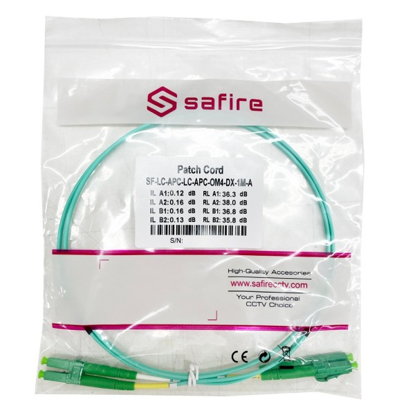 Safire SF-LC-APC-LC-APC-OM4-DX-1M-A Cabo de Conexão de Fibra Óptica - Fibra Multimodo OM4 - Conector APC Duplex LC - Comprimento