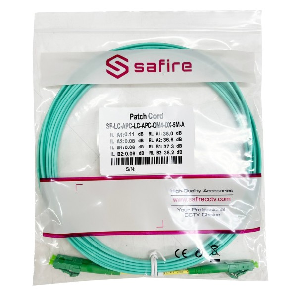 Safire SF-LC-APC-LC-APC-OM4-DX-5M-A Cabo de Conexão de Fibra Óptica - Fibra Multimodo OM4 - LC Conector APC Duplex - Comprimento