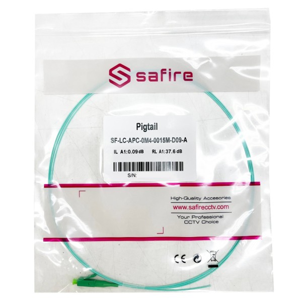 Comprar SAFIRE SF-LC-APC-OM4-0015M-D09-A Pigtail de fibra óptica - Fibra multimodo OM4 - Conector LC APC simplex - Longitud 1.5m
