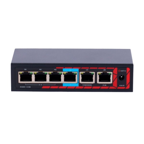 Safire SF-POE-EXT0604-60 Safire Indoor Hi-Poe Extender Switch - Enlarge Food Alcance Poe - 4 portas Poe + 2 UpbLink RJ45 