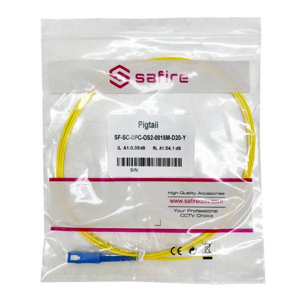 Comprar SAFIRE SF-SC-UPC-OS2-0015M-D20-Y Pigtail de fibra óptica simplex - Fibra monomodo G657A2 de alto rendimiento - Conector 