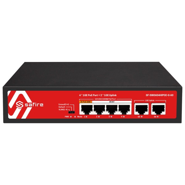 Comprar SAFIRE SF-SW0604HIPOE-G-60 Safire Switch PoE - 4 puertos PoE + 2 Uplink RJ45 - Velocidad de puertos 10/100/1000 Mbps - 4