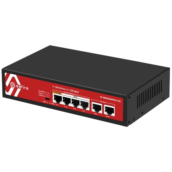 Comprar SAFIRE SF-SW0604HIPOE-G-60 Safire Switch PoE - 4 puertos PoE + 2 Uplink RJ45 - Velocidad de puertos 10/100/1000 Mbps - 4