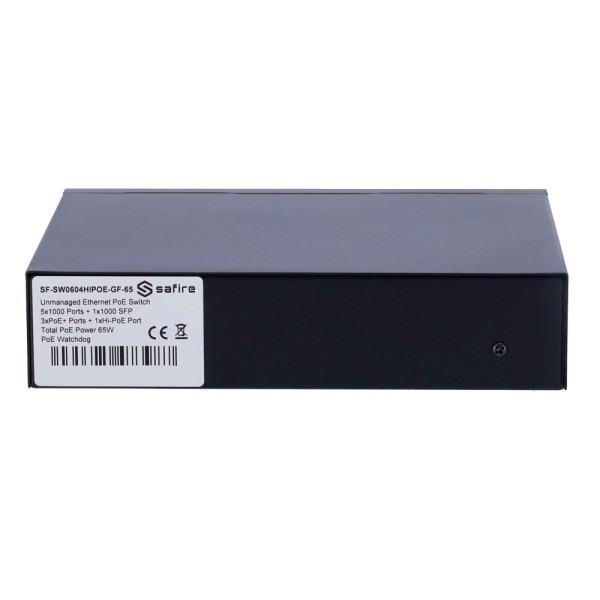 Safire SF-SW0604HPoE-GF-65 Safire Switch Hi-PoE - 4 portas Poe + 1 UPLINK RJ45 + 1 Uplink SFP - Gigabit Porta Velocidade 1