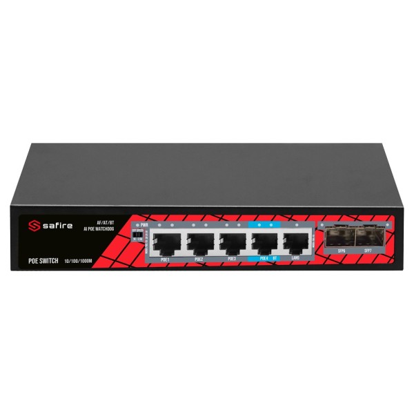 Comprar SAFIRE SF-SW0704HIPOE-GMF-65 Safire Switch PoE - 4 puertos PoE + 1 Uplink RJ45 + 2 SFP (1G/2,5G) - Velocidad de puertos 