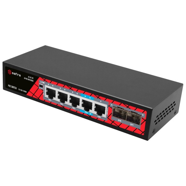 Safire SF-SW0704HPoE-GMF-65 Safire Switch PoE - 4 portas PoE + 1 UPLINE RJ45 + 2 SFP (1G / 2,5G) - Velocidade da porta 10/100/1