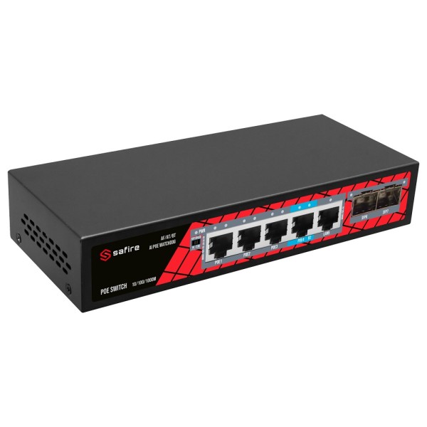 Safire SF-SW0704HPoE-GMF-65 Safire Switch PoE - 4 portas PoE + 1 UPLINE RJ45 + 2 SFP (1G / 2,5G) - Velocidade da porta 10/100/1