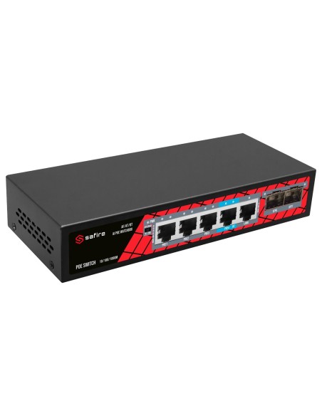 Comprar SAFIRE SF-SW0704HIPOE-GMF-65 Safire Switch PoE - 4 puertos PoE + 1 Uplink RJ45 + 2 SFP (1G/2,5G) - Velocidad de puertos 
