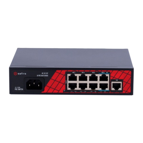 Safire SF-SW0908PIRAE-120 Safire Switch Hi-Poe - 8 portas Poe + 1 UpLink RJ45 - Velocidade do Porto 10 / 100Mbps - 6 portas Poe