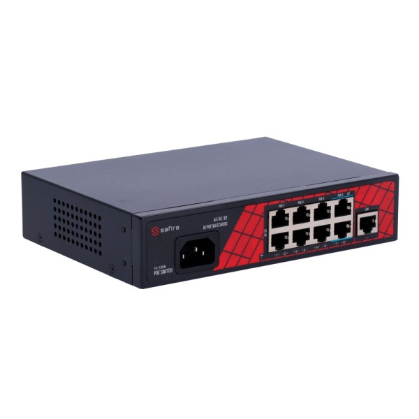 Safire SF-SW0908PIRAE-120 Safire Switch Hi-Poe - 8 portas Poe + 1 UpLink RJ45 - Velocidade do Porto 10 / 100Mbps - 6 portas Poe