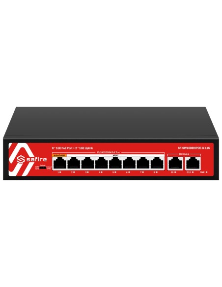 Safire SF-SW1008Insoe-G-115 Safire Interruptor Hi-PoE - 8 portas Poe + 2 UpbLink RJ45 - 10x 10/100 / 1000Mbps - 7 Portas PoE + 3