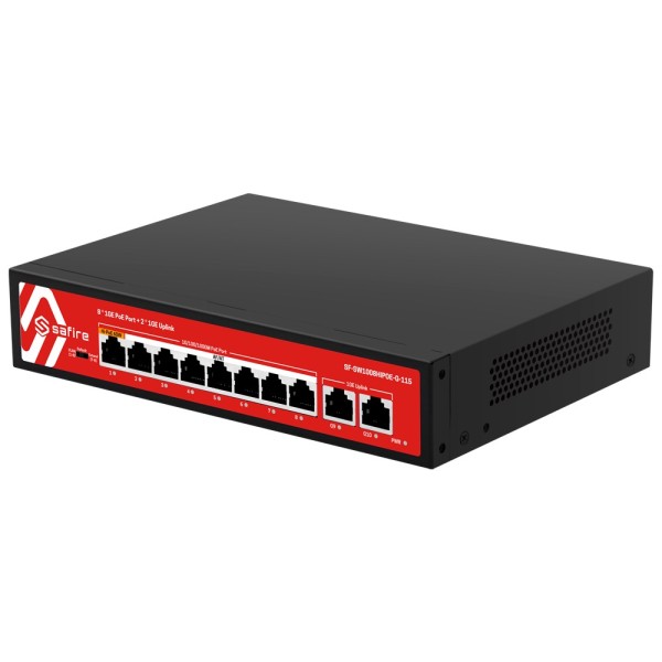 Kaufen SAFIRE SF-SW1008HIPOE-G-115 Safire Switch Hi-PoE – 8 PoE-Ports + 2 Uplink-RJ45 – 10x 10/100/1000 Mbps – 7 PoE-Ports +
