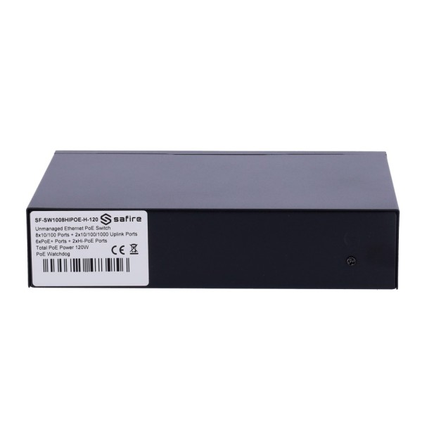 Acheter SAFIRE SF-SW1008HIPOE-H-120 Safire Switch Hi-PoE - 8 ports PoE + 2 liaisons montantes RJ45 - Hybride 8x10/100Mbps + 2x10