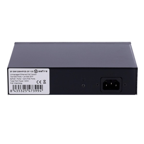Safire SF-SW1208Insoe-GF-120 Safire Switch Hi-PoE - 8 portas PoE + 2 SFP + 2 RJ45 - Gigabit 10/100 / 1000MBP Speed Port