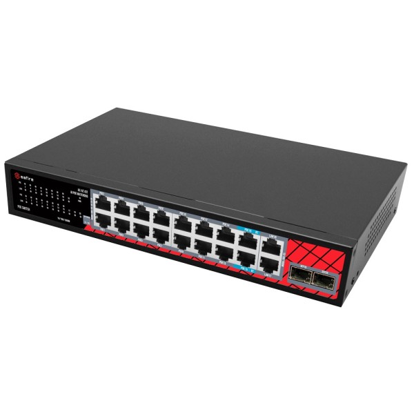 Kaufen SAFIRE SF-SW2016HIPOE-GMF-240 Safire Switch Hi-PoE – 16 GE-PoE-Ports + 2 SFP + 2 RJ45 – Portgeschwindigkeit 10/100/10