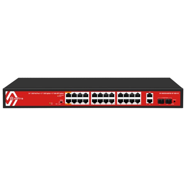 Comprar SAFIRE SF-SW2824HIPOE-GF-300-V2 Safire Switch Hi-PoE - 24 puertos PoE + 2 SFP + 2 RJ45 - Velocidad de puertos Gigabit 10