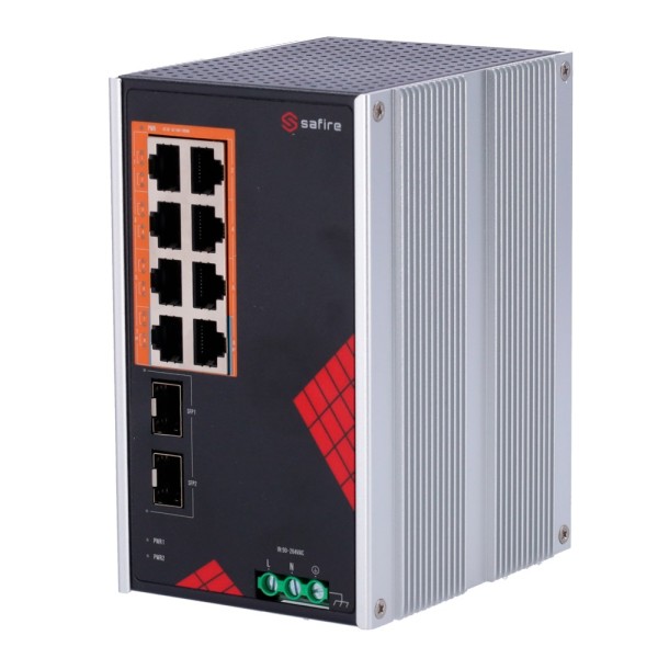 Safire SF-SWI1008HPoE-GF-AC-130-DIN SAFEIR SHURDER INDUSTRIAL SHURDIND AC e DC - 8 portas Gigabit + 2 SFP Gigabit - 6 puert