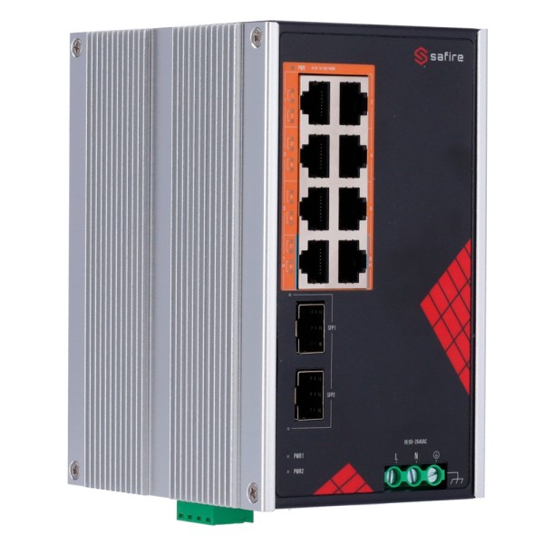 Comprar SAFIRE SF-SWI1008HIPOE-GF-AC-130-DIN Safire Switch Industrial Alimentación AC y DC - 8 puertos Gigabit + 2 SFP Gigabit -