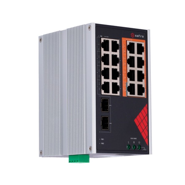 Safire SF-SWI1808HPoE-GF-AC-130-DIN SHURDER SHURDER INDUSTRIAL AC e DC - 16 portas Gigabit + 2 SFP Gigabit - 6 puer