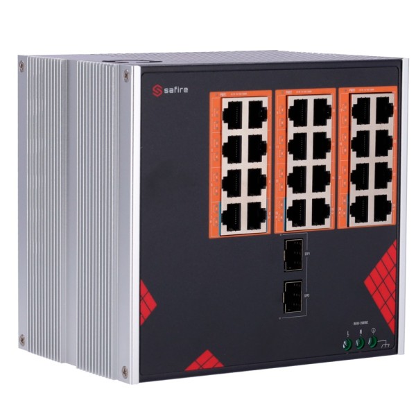 Safire SF-SWI2624HPOE-GF-AC-390-DIN SHURDER SHURDER INDUSTRIAL AC 90 ~ 264V - 24 portas Gigabit + 2 Sfp Gigabit - 18 