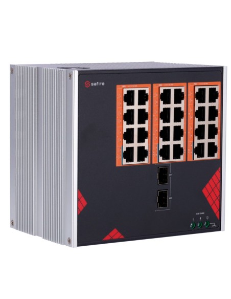 Safire SF-SWI2624HPOE-GF-AC-390-DIN SHURDER SHURDER INDUSTRIAL AC 90 ~ 264V - 24 portas Gigabit + 2 Sfp Gigabit - 18 