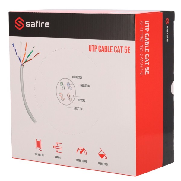 Safire SF-UTP5E-100-24AWG-G Safire Cabo UTP Categoria 5e - Driver CCA - Diâmetro 24 AWG-0,52mm - Reúne 90m Test Fluke -