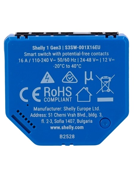 Comprar SHELLY SH-1-GEN3 Shelly 1 Gen3 - WiFi 2.4 GHz IEEE802.11 b/g/n / Bluetooth -  Interruptor inteligente  - Soporta 110-240