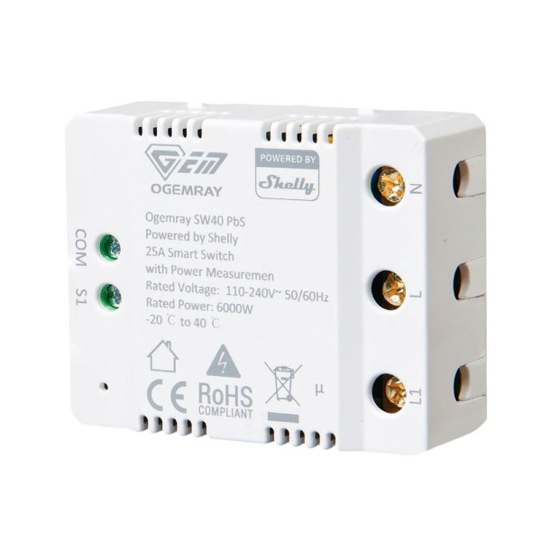 Comprar SHELLY SH-OG-SMART-RELAY-25A Ogemray Smart Relay 25A - WiFi 2.4 GHz / Bluetooth  - Relé Inteligente - Medidor de consumo