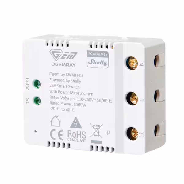 Comprar SHELLY SH-OG-SMART-RELAY-25A Relé Ogemray Smart 25A - Controlador Inteligente / Grado Industrial - Relé de 1 canal / Med