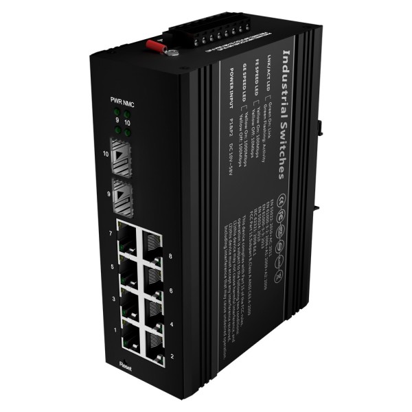 Acheter un switch SW1008HIPOE-MGF-240-DIN OEM PoE en marque blanche - Montage sur rail DIN - 8 ports Gigabit + 2 SFP Gigabit - 9