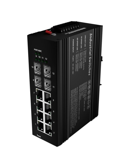 OEM SW1208HPoe-MGF-240-DIN Mudar PoE OEM - Montagem de trilho DIN - 8 portas de Gigabit + 4 SFP Gigabit - 90W Portas 1 e 2 / 30w