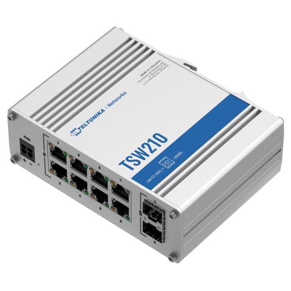 Teltonika TK-TSW210 Teltonika Interruptor industrial não grandizado - 8 portas Ethernet RJ45 Gigabit +2 SFP Gigabit - carro ruge