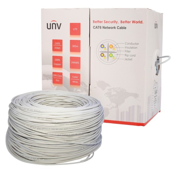 UniView UV-UTP6-300-BC24AWG-DCA-B-W Uniview Cabo UTP Categoria 6 - Driver OFC, 100% Cobre - Diâmetro 24 AWG-0.50mm - Certific