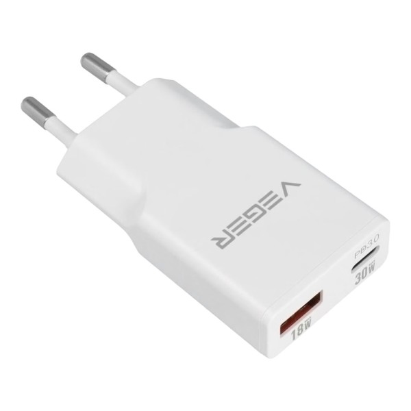 Acheter VEGER VG-30W1A1C VEGER - Chargeur USB QC3.0 / PD3.0 - Puissance 30 W - Charge 2 appareils à la fois - Sorties USB-A, USB