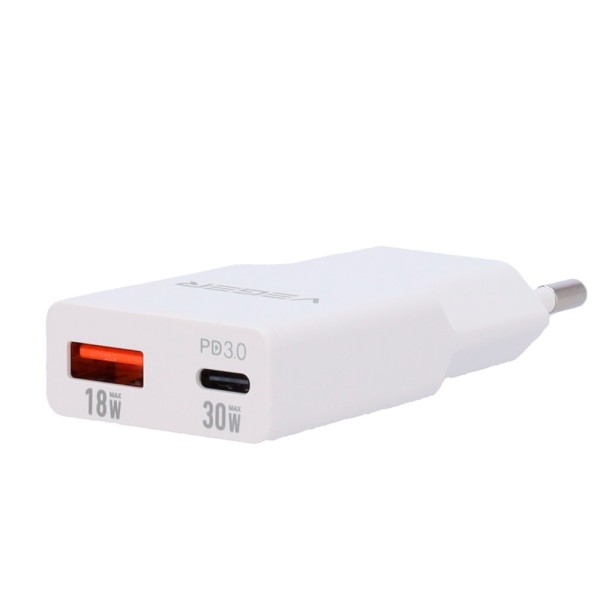Veger VG-30W1A1c Veger - USB Charger QC3.0 / PD3.0 - Power 30W - Carregar 2 dispositivos de cada vez - USB-A, USB-C - Colo