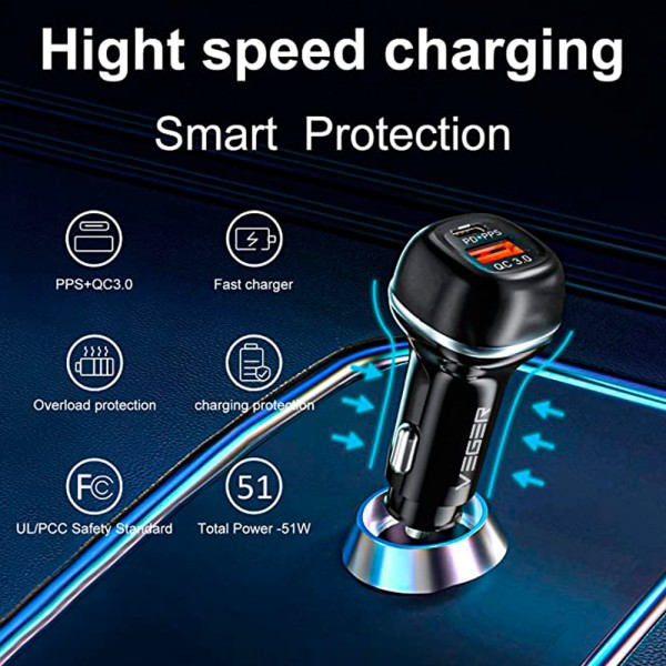 Acheter VEGER VG-CC62-1A1C VEGER - Chargeur allume-cigare pour voiture - Puissance 51 W - Charge rapide PD 30 W, QC 18 W - Sorti