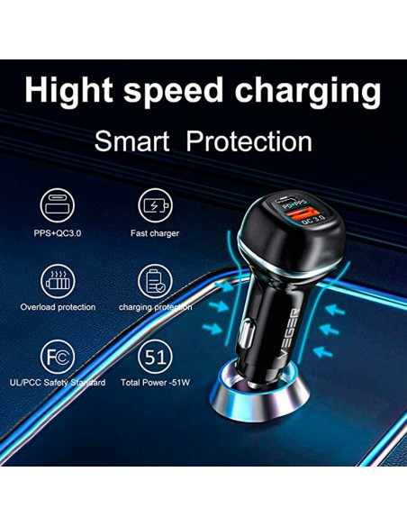 Veger VG-CC62-1A1C Veger - Carro de carro - 51W Power - Carregamento rápido PD30W, QC18W - USB-C, USB-A - Cor - Preto