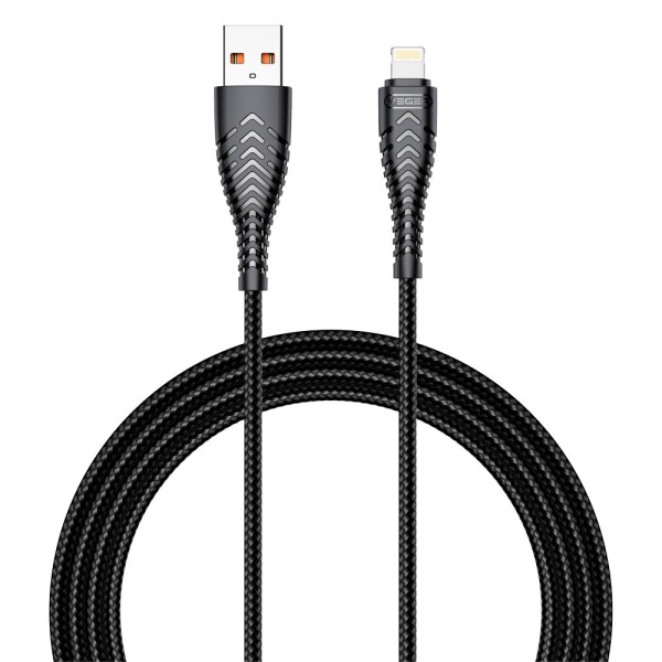 Veger VG-V105 Veger - USB2.0 Cable - USB-A para Relâmpago - Capa de Plástico, Nylon Trançado - Comprimento 1.2m - cor preta