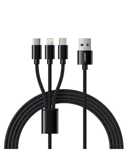 Acheter VEGER VG-V303 Veger - Câble USB 3-en-1 - USB-A vers USB-C, Lightning et Micro-USB - Coque en métal, nylon tressé - Longu