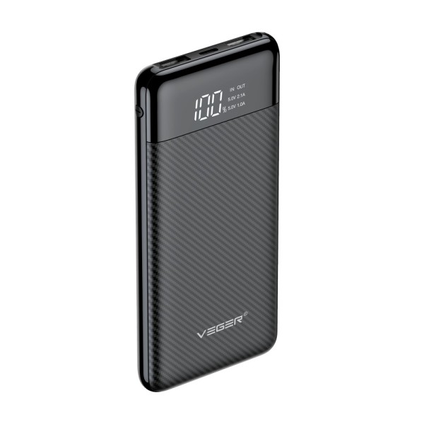 Banco de Veger VG-W1087 Veger Bank com tela LCD - Capacidade de 10000mAh - Entradas USB-C, USB Micro - USB-C, USB-A - A - Carga