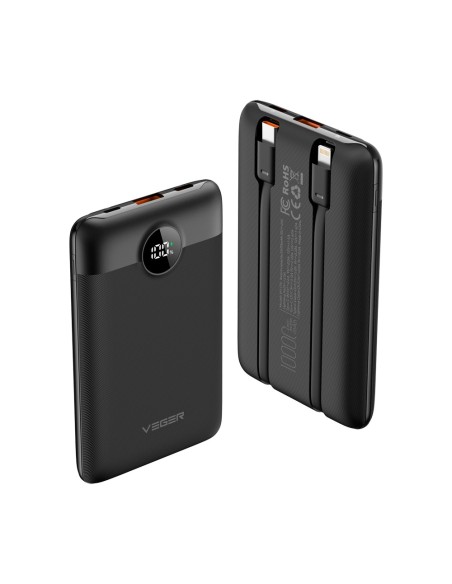 Banco de Veger VG-W1170 Banco de Veger com tela LCD - 10000mAh Capacidade - Relâmpago, Bilhetes USB-C, USB-C-Cabo - USB-A Decott