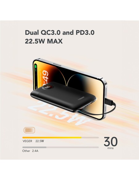 Comprar VEGER VG-W1170 VEGER Power bank con pantalla LCD - Capacidad 10000mAh - Entradas Lightning, USB-C, Cable USB-C - Salidas
