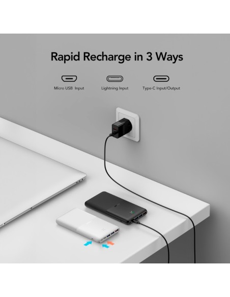 Veger VG-W2060 Veger Power Bank com LEDs de carga - Capacidade de 20000mAh - USB-C, Micro USB, Lightning - Partidas USB-C, 3