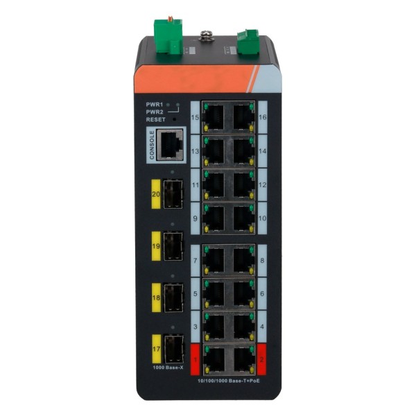 X-Security XS-SWI20PoDoe-MGF-240-DIN SHIFT POE X-Security DIN Rail - 16 portas Poe RJ45 + 4 portas SFP - Velocidade 10/100